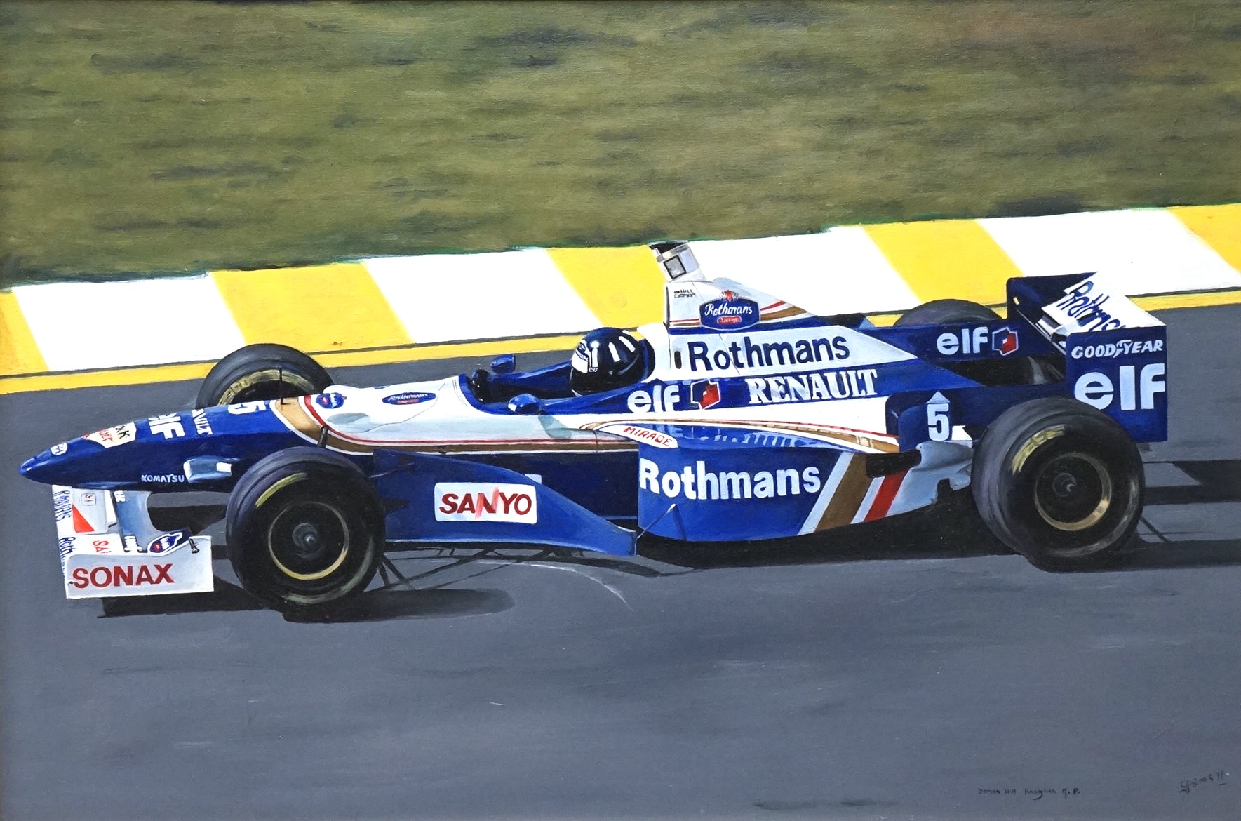 Sims, oil on canvas, ‘Damon Hill, Brazilian Grand Prix’, signed and dated '97, 50 x 74cm, gilt frame